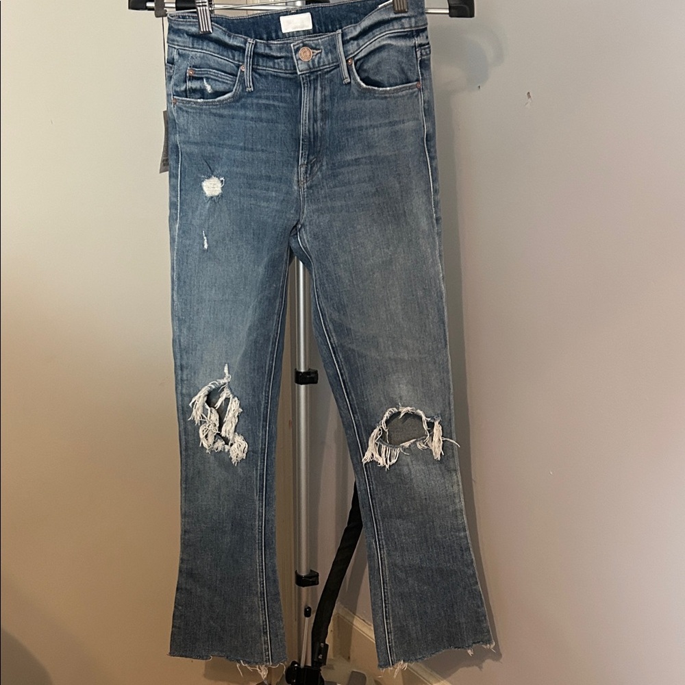 MOTHER Blue Distressed Flare Jeans
